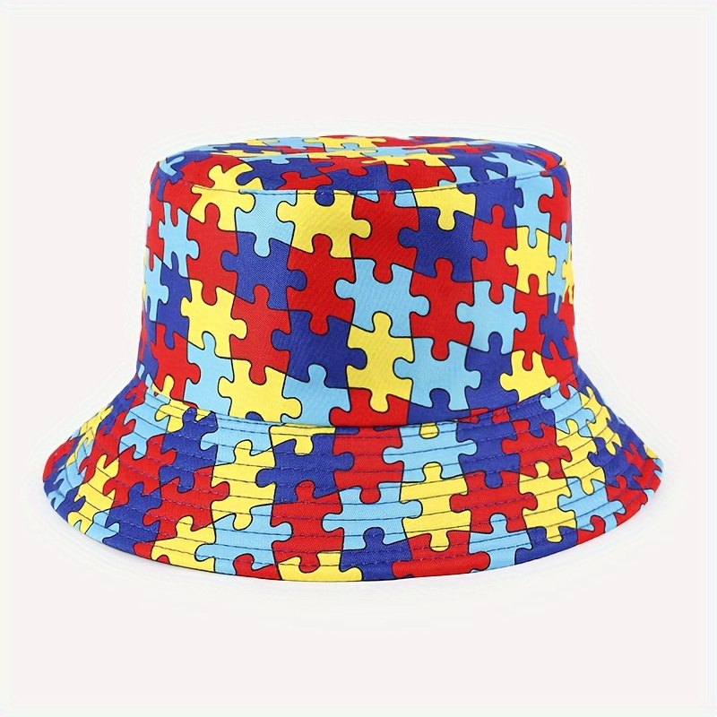 unisex reversible colorful puzzle print bucket hat lightweight sun protective fisherman cap for parties outdoor adventures hat accessories customized hat details 3