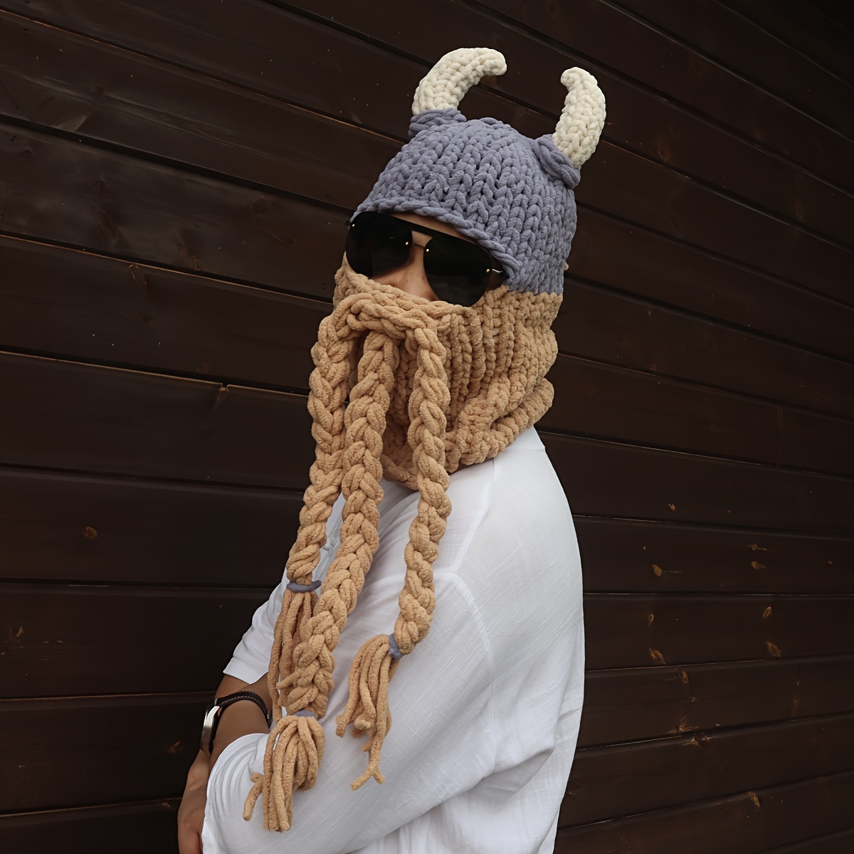 funky hand knitted mens beanie with fleece lining warm soft balaclava hat for winter fall neck protection details 3