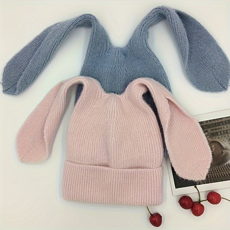 1pc cute long fluffy bunny ears knitted beanie hat ideal choice for gifts details 1