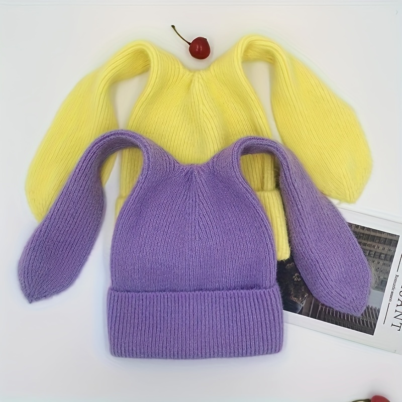 1pc cute long fluffy bunny ears knitted beanie hat ideal choice for gifts details 7