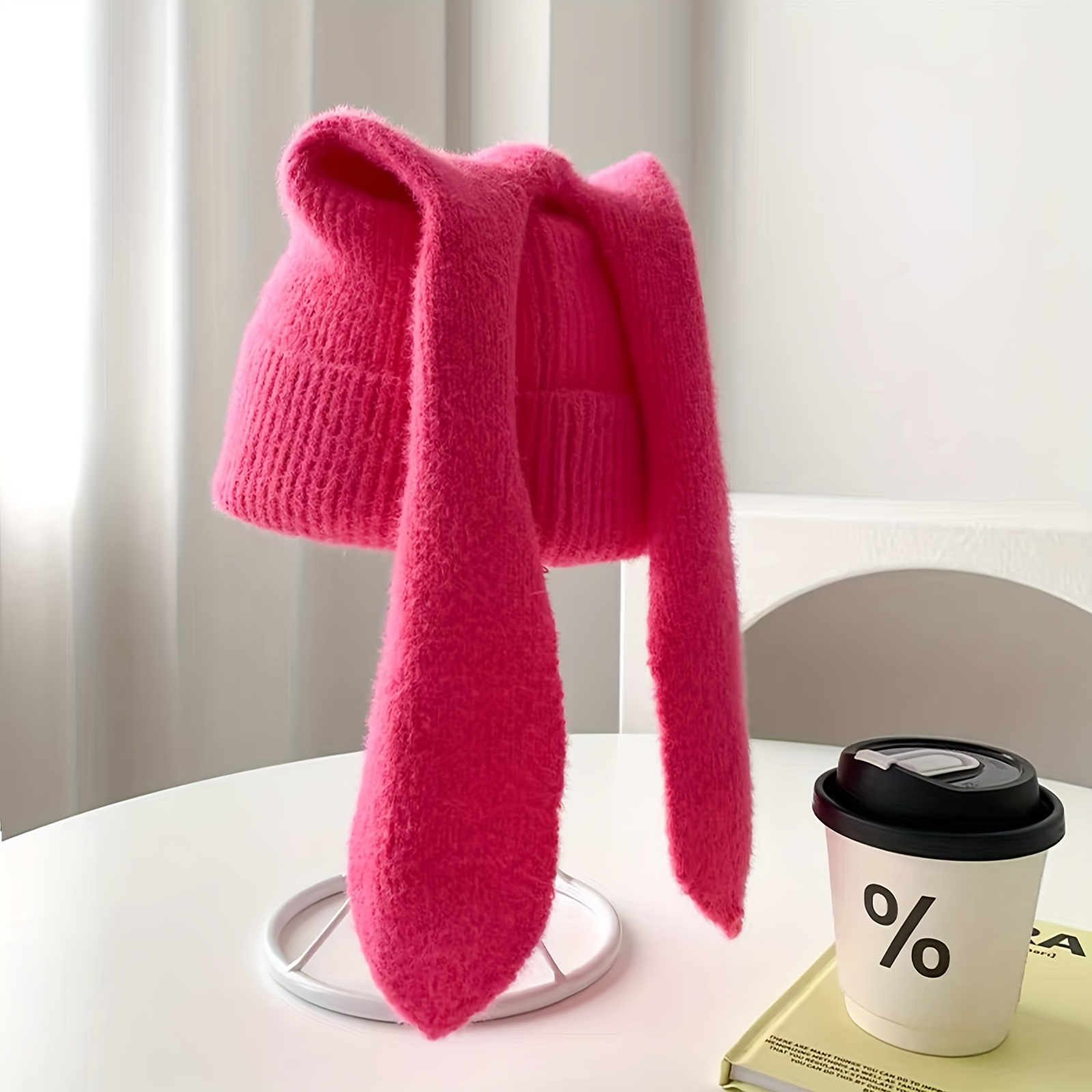 1pc cute long fluffy bunny ears knitted beanie hat ideal choice for gifts details 8