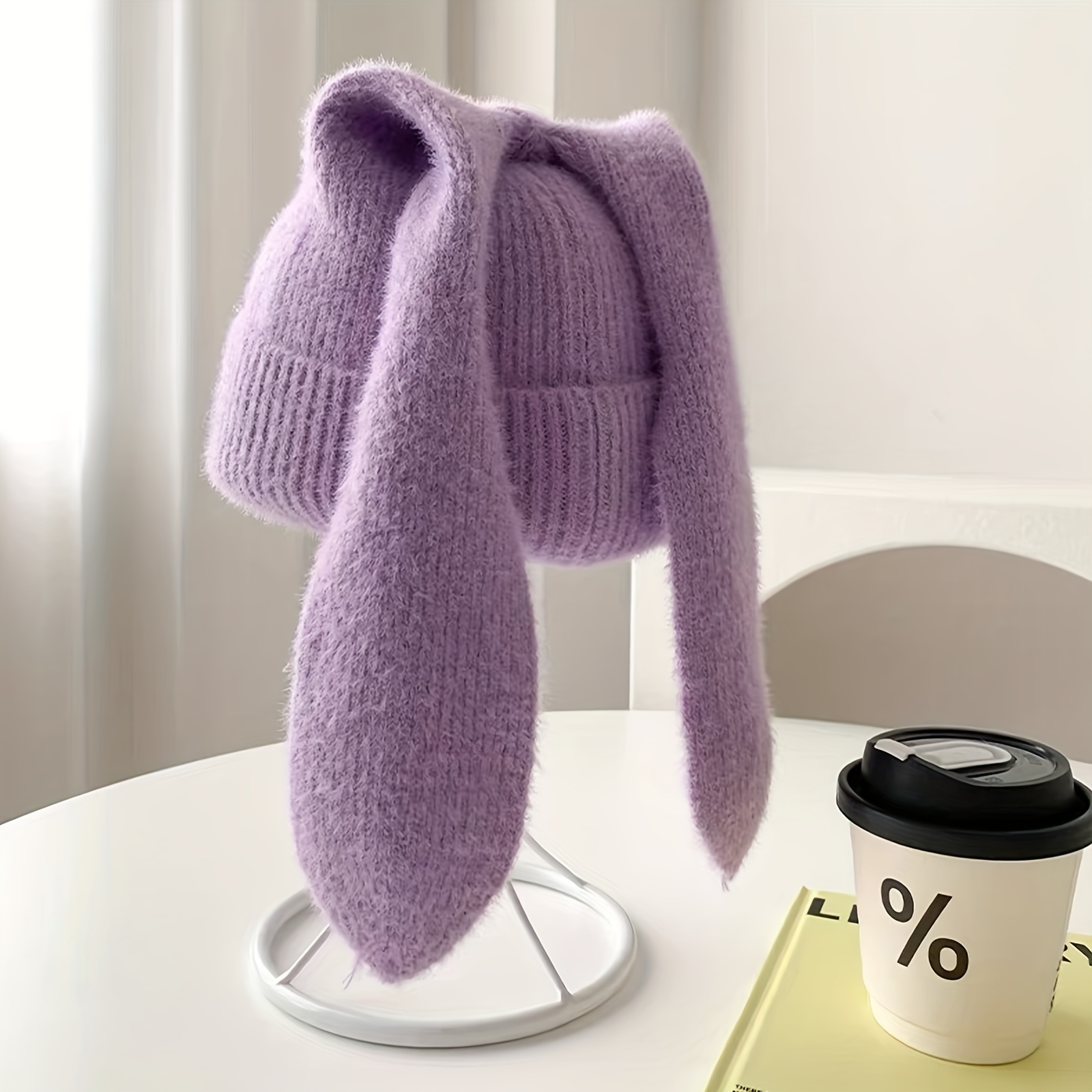 1pc cute long fluffy bunny ears knitted beanie hat ideal choice for gifts details 9