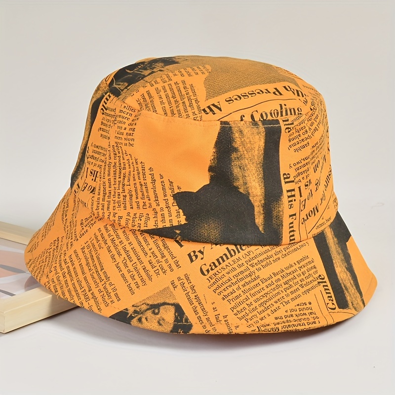 1pc versatile printed graffiti bucket hat for men and women travel distressed newspaper pattern basin sunshade bucket hat perfect for summer folding design details 5