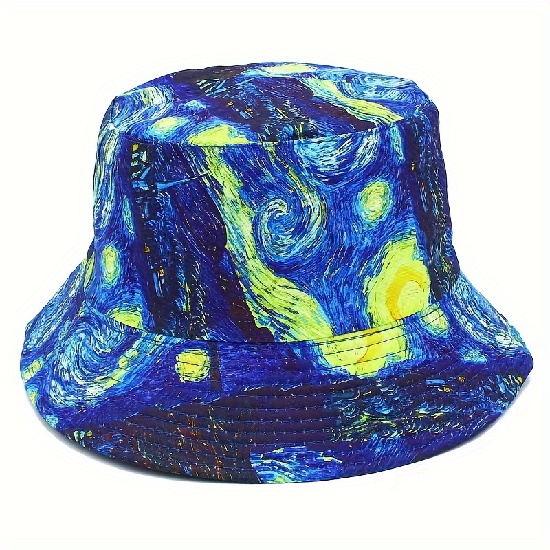 cool premium retro fantasy bucket hat art oil painting style starry sky print fisherman hat sun hat for casual leisure outdoor sports details 1