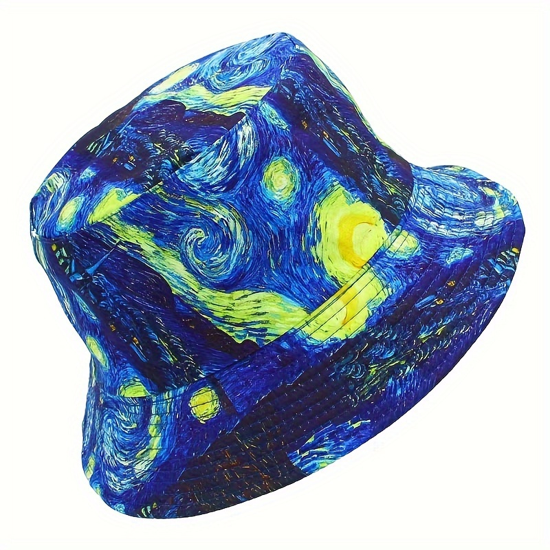 cool premium retro fantasy bucket hat art oil painting style starry sky print fisherman hat sun hat for casual leisure outdoor sports details 4